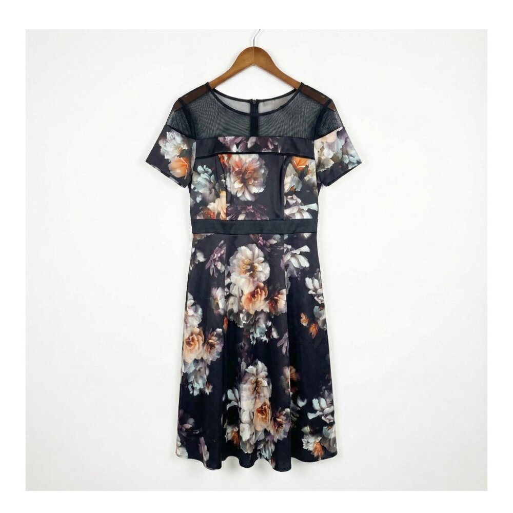 SLNY Black Floral A-Line Dress Size 14 Mesh Yoke Short Sleeve Midi
